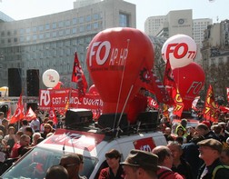 Giant hot-air balloons used during Force Ouvrière trade union demonstrations