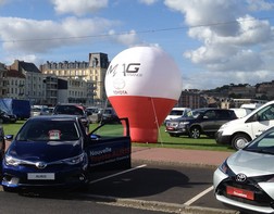 A giant advertising balloon for the launch of the Toyota Yaris at a car dealer Mag France